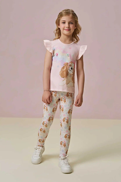 Conjunto Infantil Blusa Cachorrinha Flores e Legging Estampada Cachorrinhas - Infanti