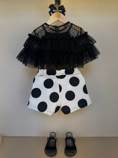Conjunto Infantil Blusa Babados Tule Mini Póas e Shorts Póas - Luluzinha