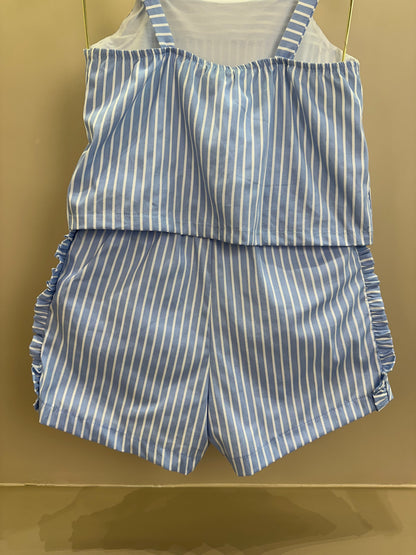 Conjunto Infantil Regata Alças Finas e Shorts Tricoline Listrado - Vanilla Cream