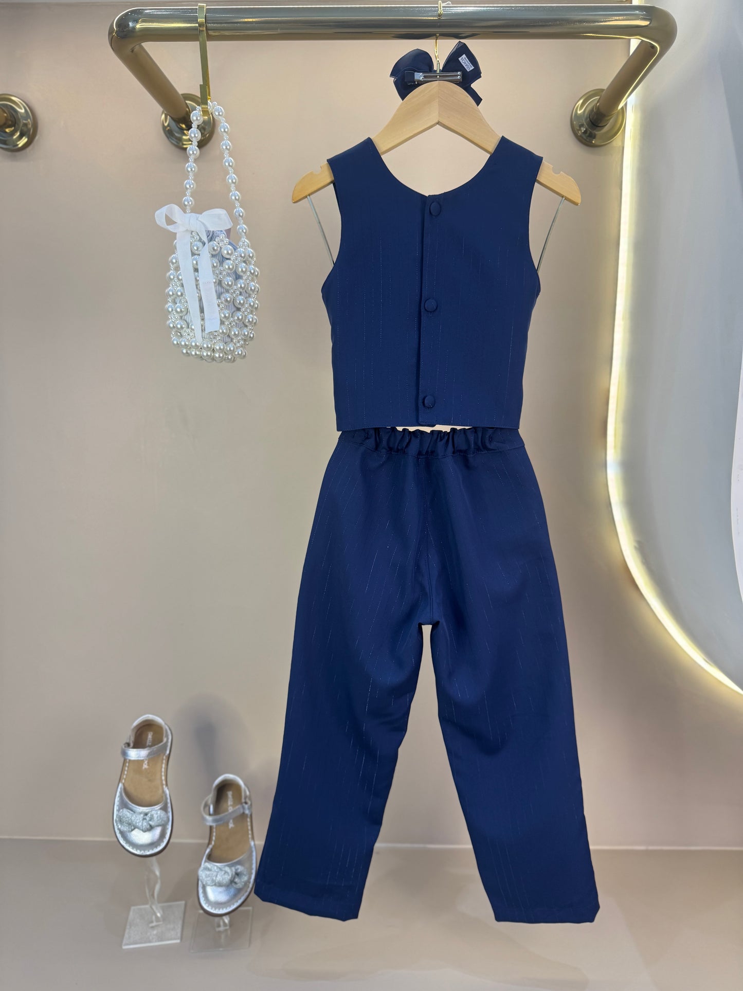 Conjunto Infantil Alfaiataria Blusa com Strass e Calça Risca de Giz - Luluzinha