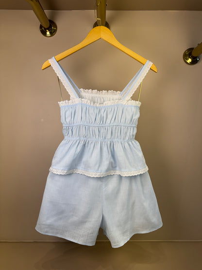 Conjunto Teen Blusa Acabamento Em Renda e Saia Azul - Vanilla Cream