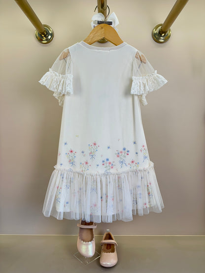 Vestido Infantil Manga Tule Floral e Strass - Petit Cherie