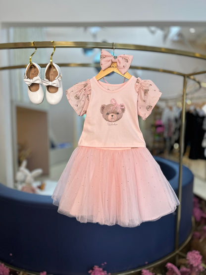 Saia-shorts Infantil Tule e Cristais Princesa Rosa Gelado - Pituchinhus