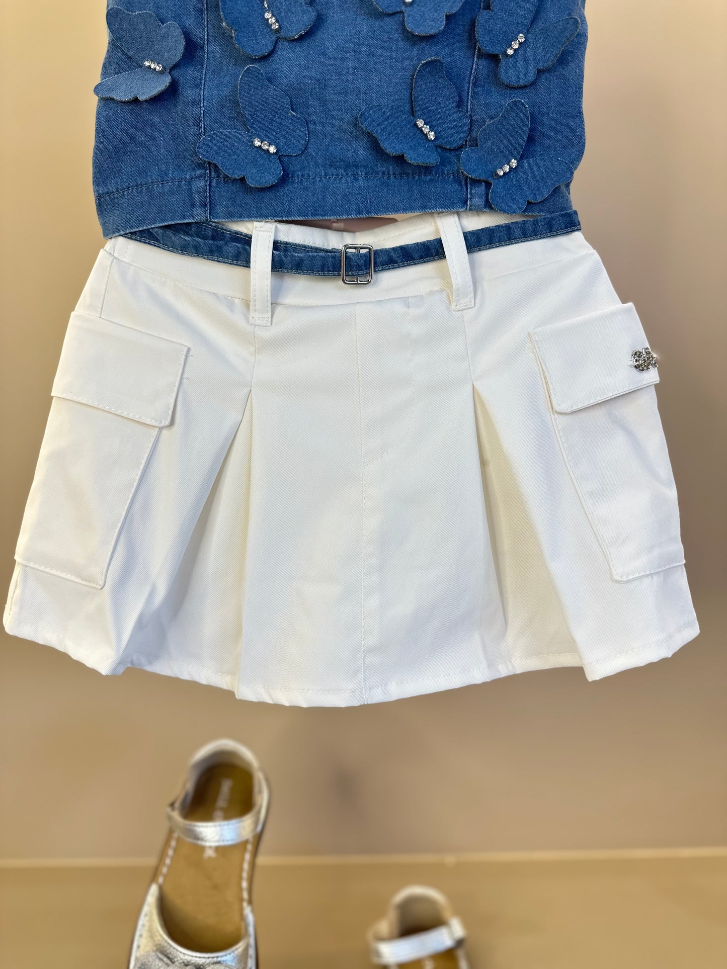 Conjunto Infantil Cropped Jeans Borboletas e Short-saia Cargo - Gabriela Aquarela