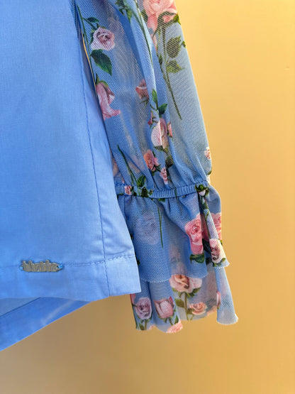 Conjunto Infantil Blusa Capa Floral Azul e Shorts Alfaiataria Azul - Luluzinha