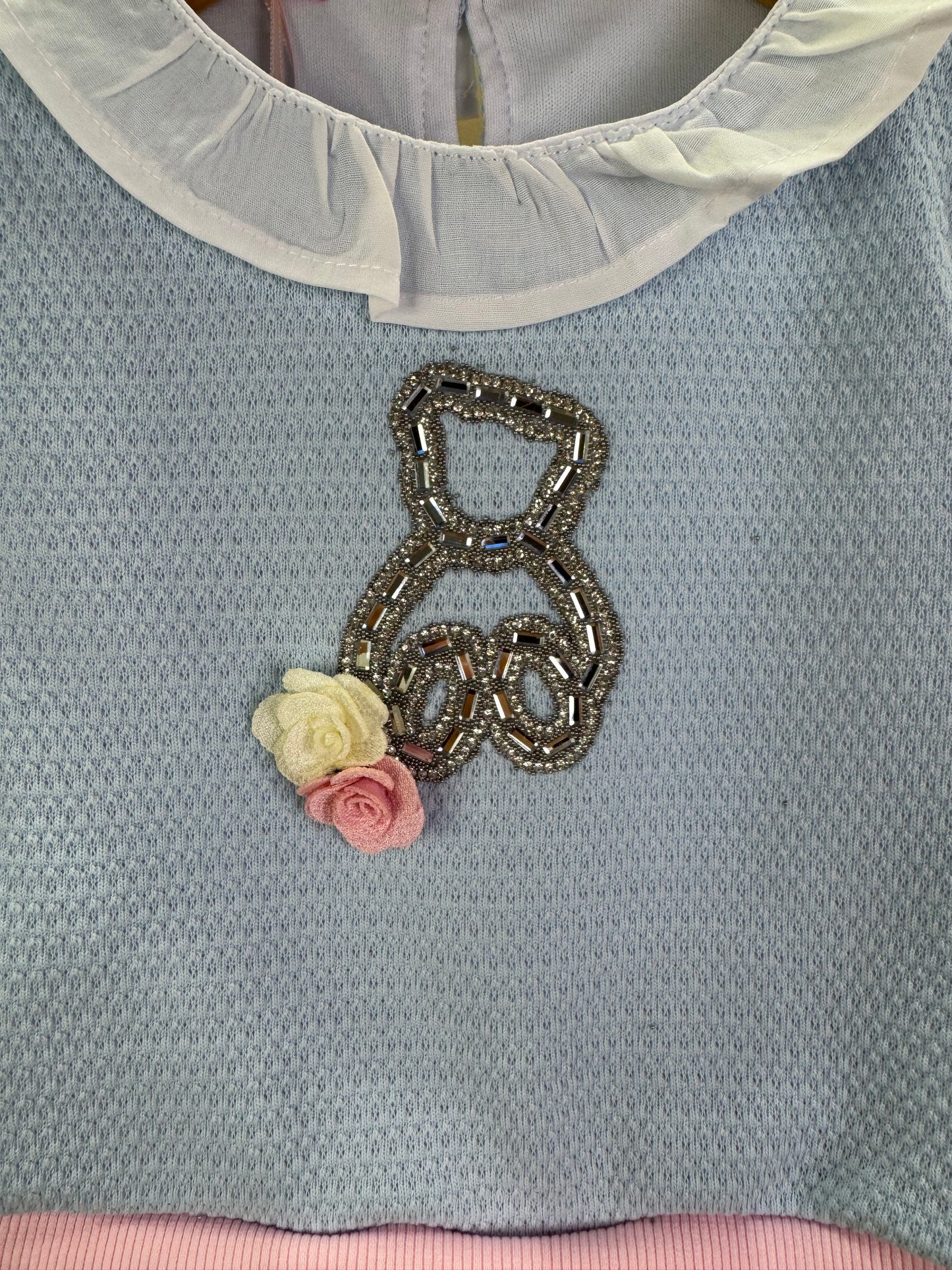 Conjunto Infantil Short Rosa E Blusa Azul  Ursinho Cristal - Gabriela Aquarela