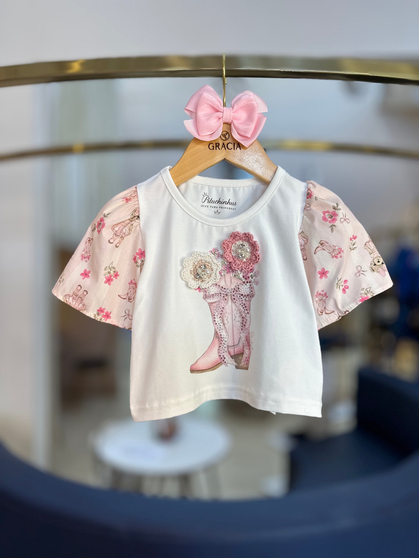 Conjunto Infantil Blusa Flores Crochê e Shorts Flores & Ursinhas - Pituchinhus