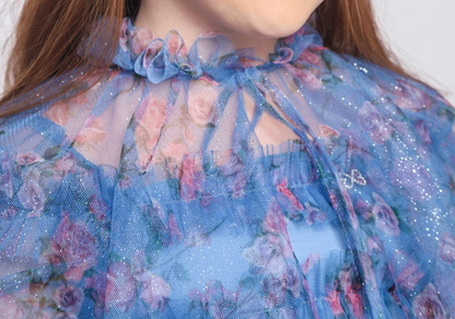 Vestido Infantil Midi Tule Floral Azul Babados - Luluzinha