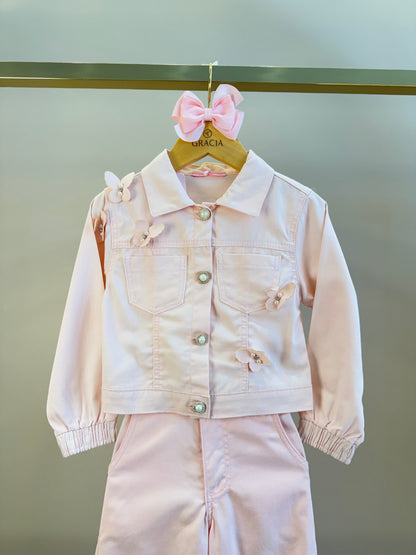 Conjunto Infantil Jaqueta Sarja Rosa Borboletas e Calça Wide Rosa - Gabriela Aquarela