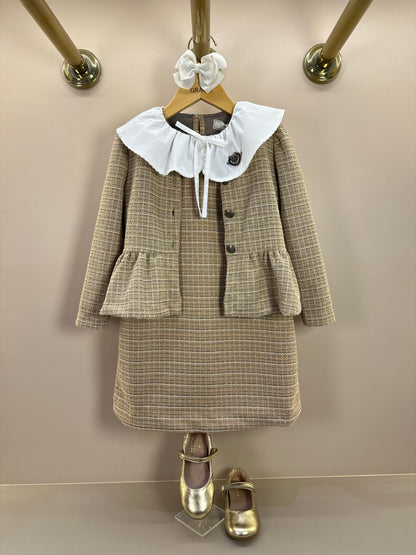 Vestido Infantil Manga Curta Tweed Xadrez Bege - Animê Petite