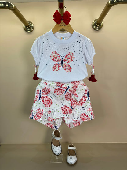 Conjunto Infantil Blusa Manga Bufante e Pompom e Shorts Babados - Beabá