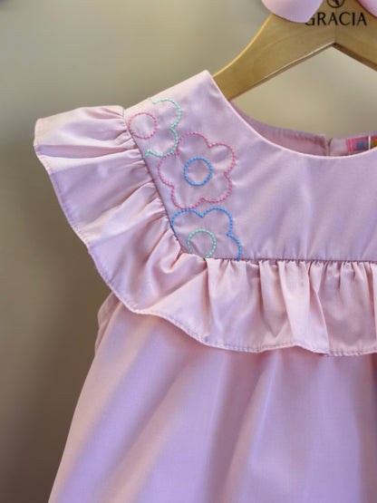 Conjunto Infantil Tricoline Blusa Bordada Flores e Shorts Babadinhos Rosa - Mon Sucré