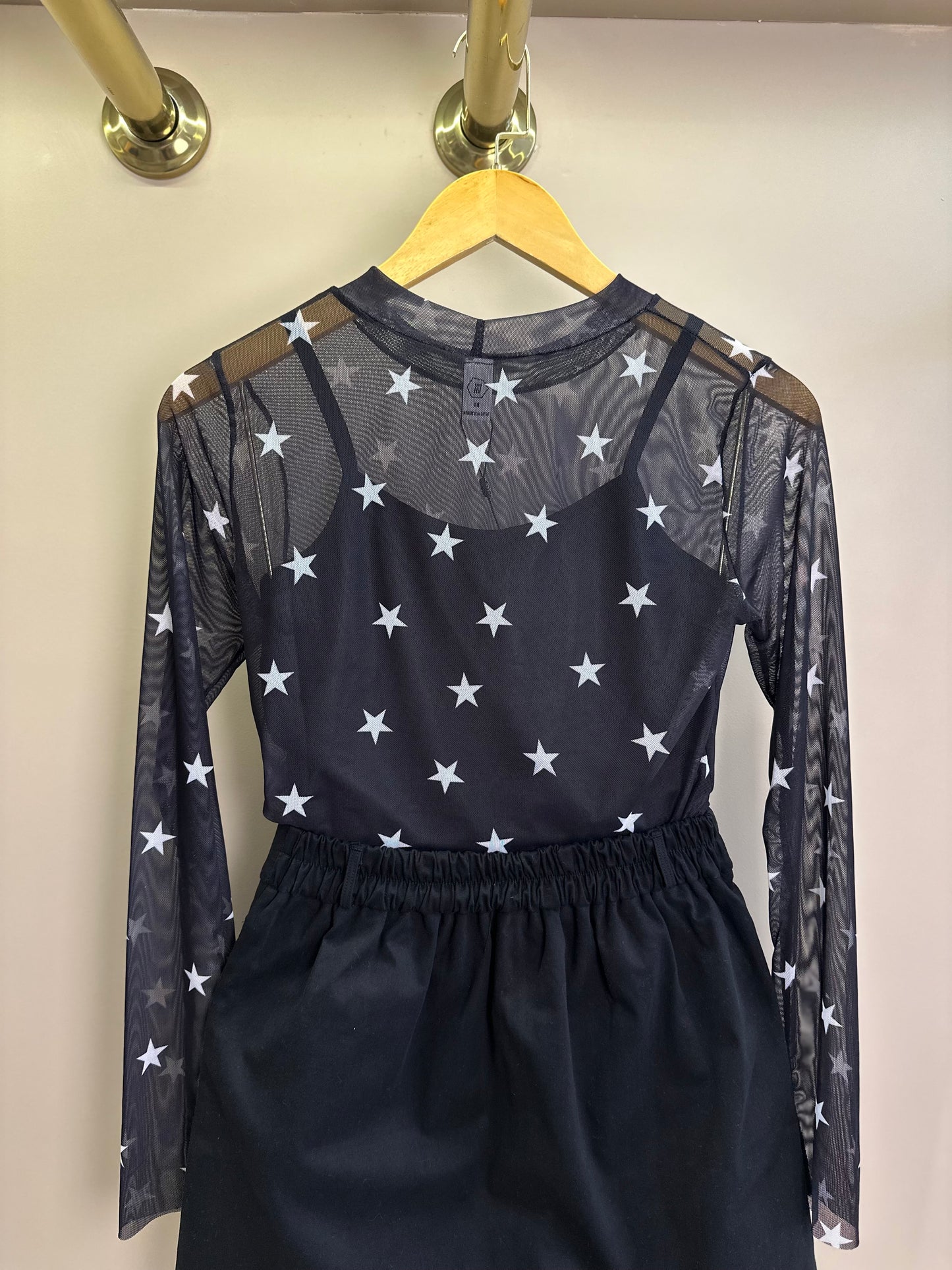 Conjunto Teen Blusa ML Tule Estrelas e Saia Sarja com Pregas Preta - Two In