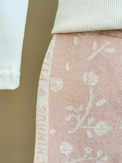Conjunto Infantil Blusa Off White Cavalinho Cristal E Legging Tricot Floral Rosa - Pituchinhus