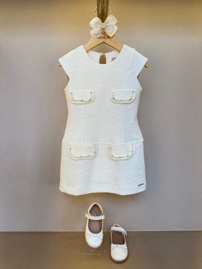 Vestido Infantil Bouclé Lapelas Bordadas Pérolas e Cristais Off White - Pituchinhus