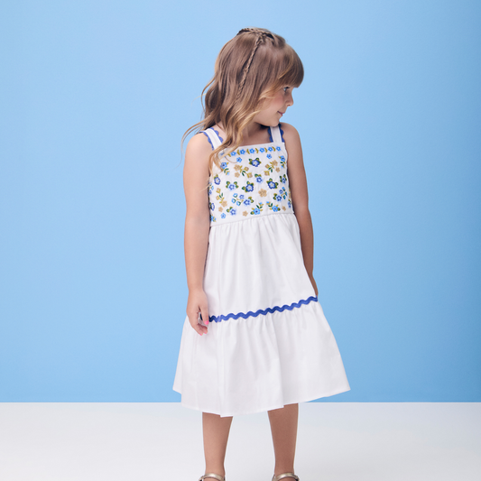 Vestido Infantil Bordado Flores Azuis - Momi PRÉ-VENDA