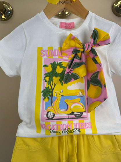Conjunto Infantil Blusa Estampada Laço Lateral e Shorts Infantil Sarja Com Cinto Butter Cream - Momi