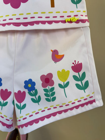 Conjunto Infantil Blusa e Shorts Bege Florestinha Colorida - Mon Sucré