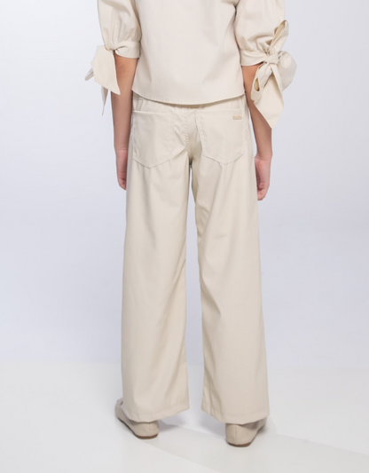 Calça Wide Leg Couro Fake Pingente de Urso  Bege - Luluzinha