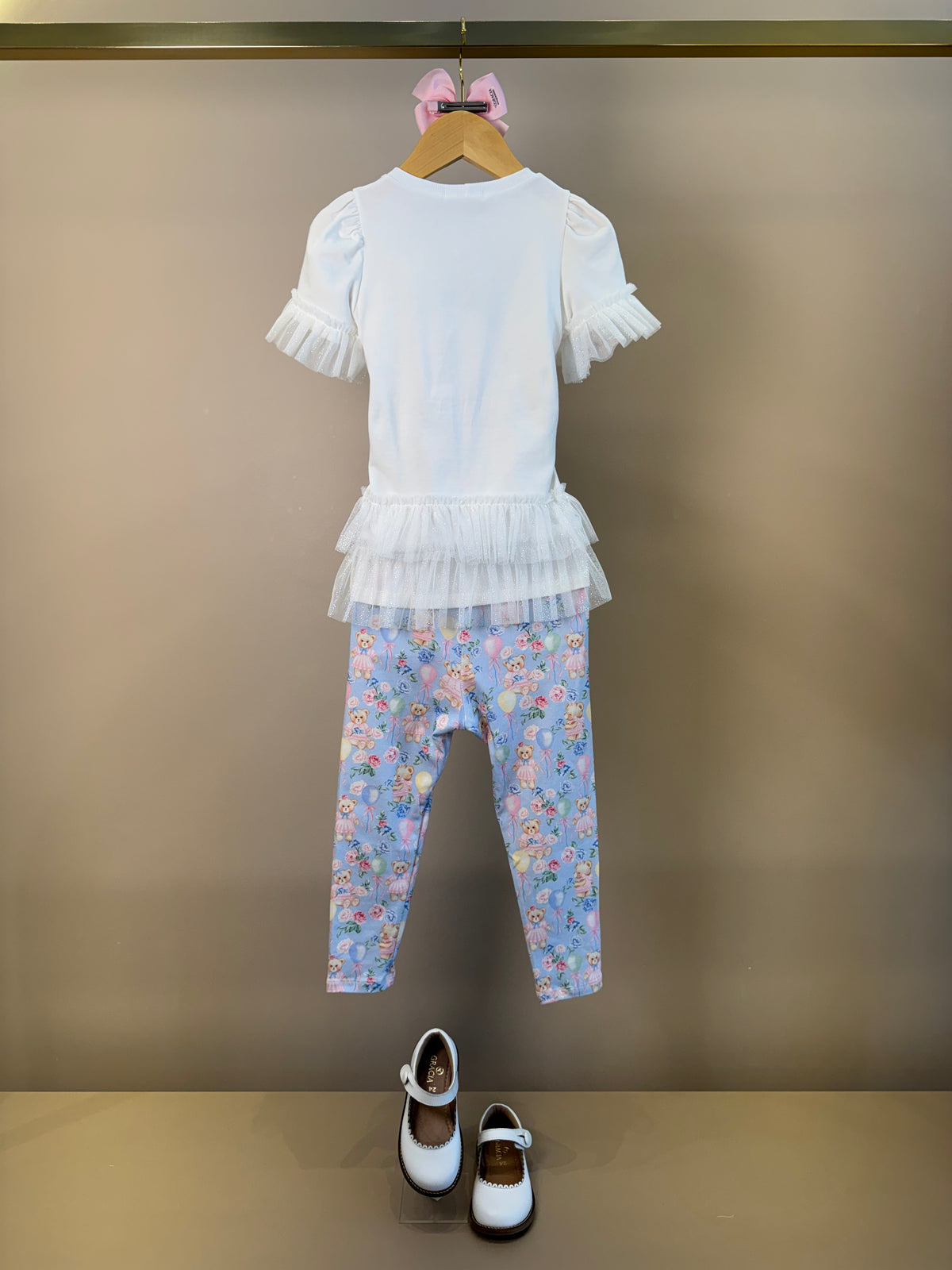 Conjunto Infantil Blusa Mangas Babadinho Em Tule e Calça Legging Estampa Ursinhas - Petit Cherie