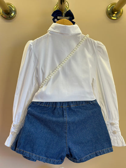 Conjunto Infantil Camisa Babadinhos Punho Pregas Branca e Saia  Jeans Pochete Laço Pérolas - Luluzinha