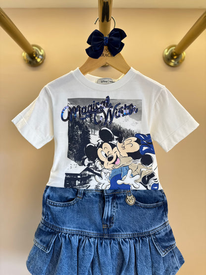 Conjunto Infantil Blusa Minnie & Mickey Lantejoulas e Saia Jeans Balonê Mini-Joia - Animê