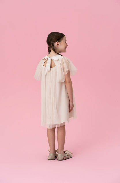 Vestido Infntil Tule Amplo Bordadinhos Gola Bege - Mon Sucré