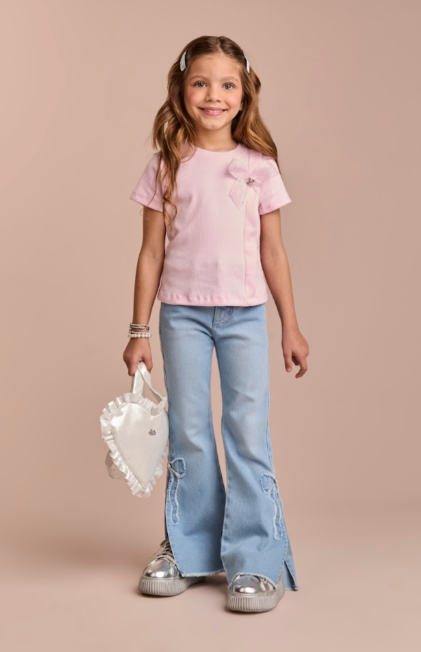 Camiseta Infantil Lacinho Tule Off White e Rosa - Gabriela Aquarela