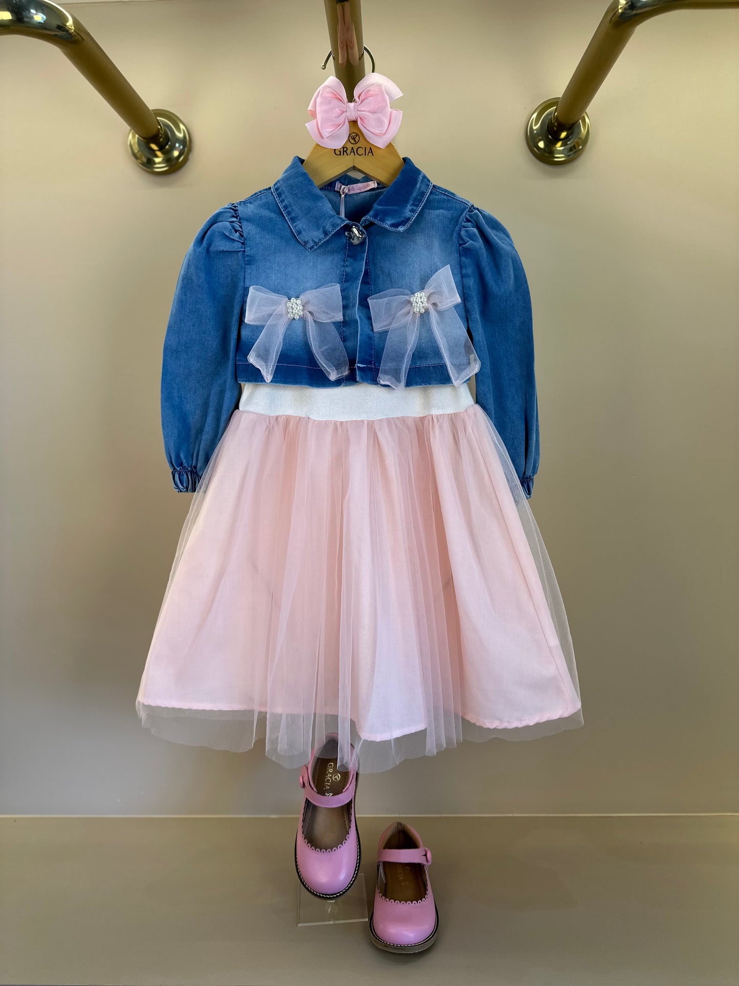 Vestido Infantil Tule Rosa Com Jaquetinha Jeans Laços - Gabriela Aquarela