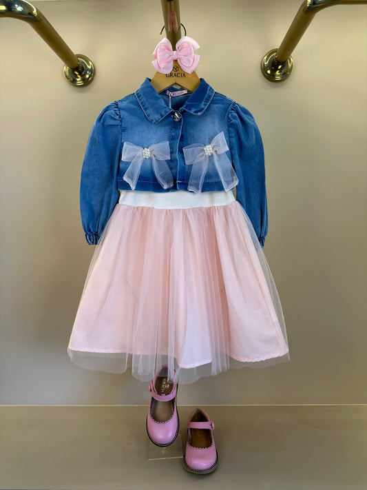 Vestido Infantil Tule Rosa Com Jaquetinha Jeans Laços - Gabriela Aquarela