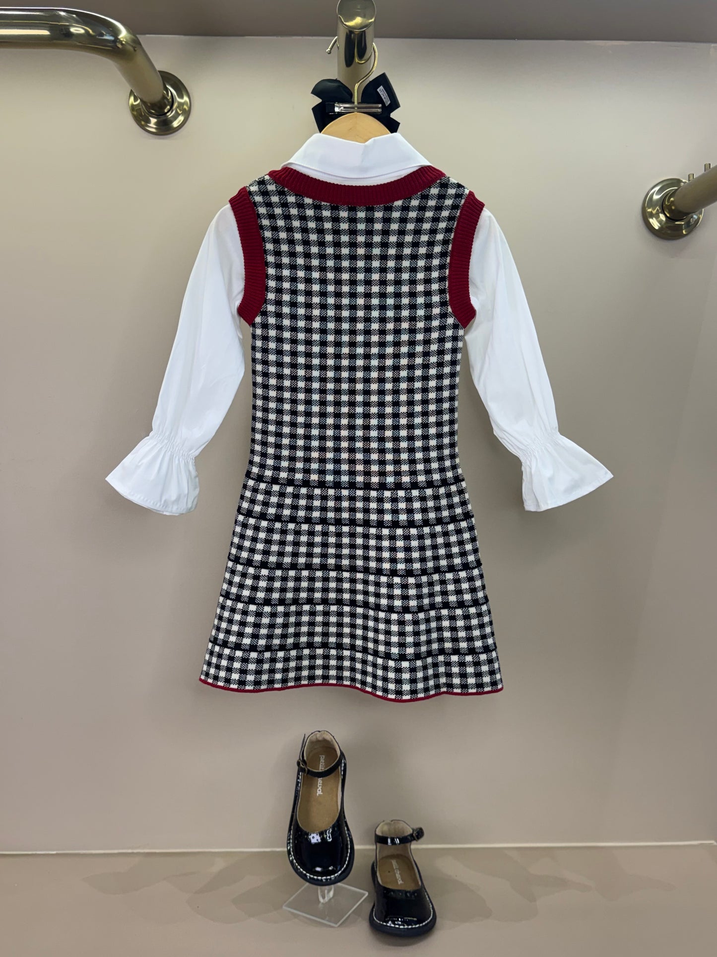 Vestido Infantil Tricot Xadrex Botão Jóia Coração Com Camisa Mini Laços Bordado Fita Veludo - Pituchinhus