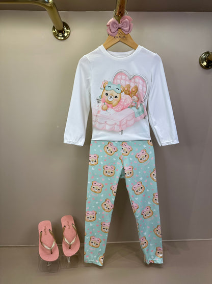 Pijama Infantil Blusa ML Ursinha Off e Legging Estampada Verde - Infanti