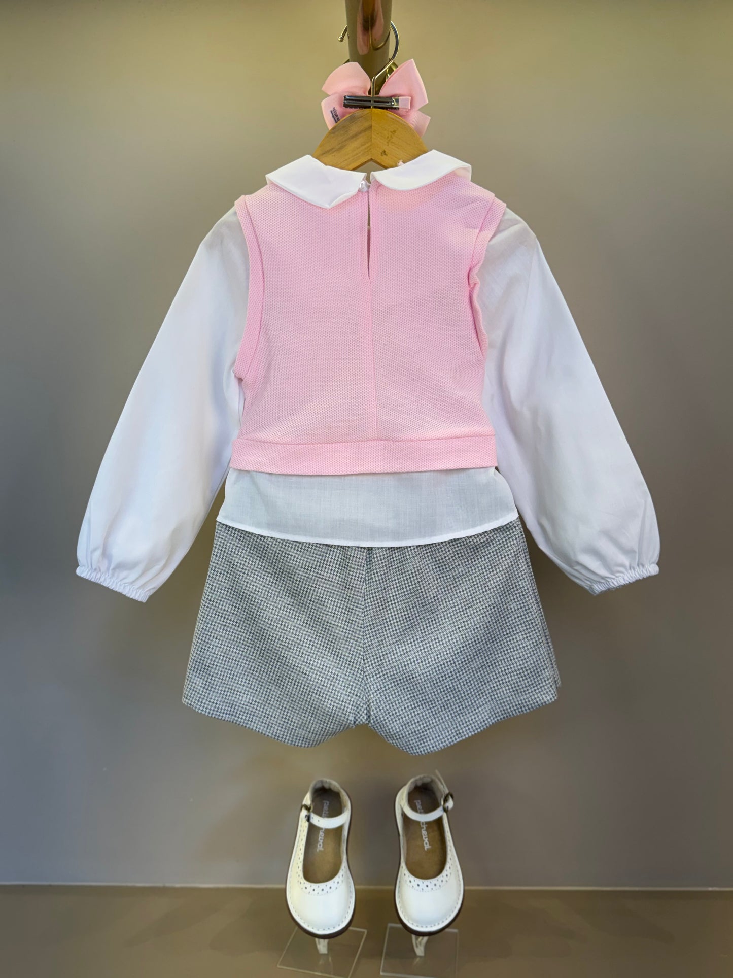 Conjunto Infantil Blusa ML com Tricot Rosa e Saia Pregas Ursinhos - Gabriela Aquarela
