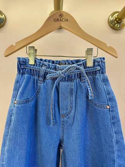Calça Infantil Jeans Wide Leg Cós Alto Com Elástico - Momi