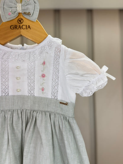 Vestido Infantil Bordado Flores E Mangas Bordadas  Clásico Verde - Roana