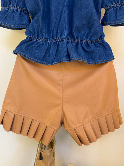 Conjunto Infantil Blusa Jeans Peplum e Shorts Couro Tech Botões - Luluzinha