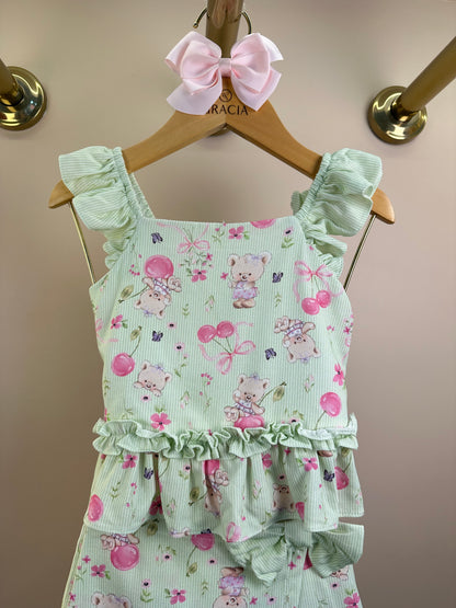 Conjunto Infantil Verde Estampado Blusa Babadinhos e Shorts Saia - Petit Cherie
