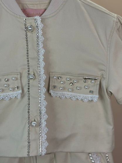 Conjunto Infantil Jaquetinha e Shorts Bordados Pérolas e Cristais - Pituchinhus