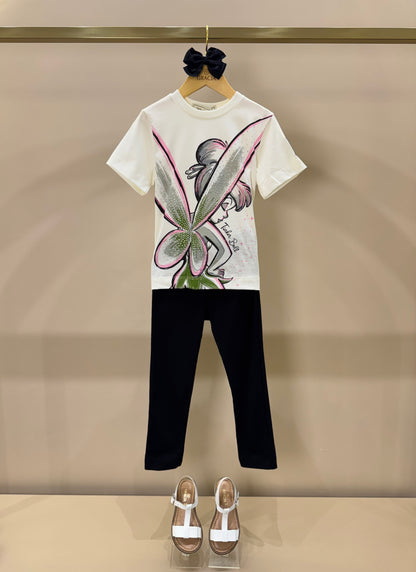 Conjunto Infantil Blusa Tiker Bell Off White e Legging Básica Preta - Animê Petite