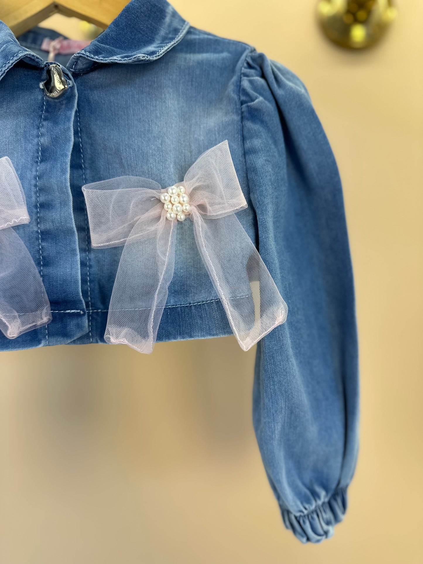 Vestido Infantil Tule Rosa Com Jaquetinha Jeans Laços - Gabriela Aquarela