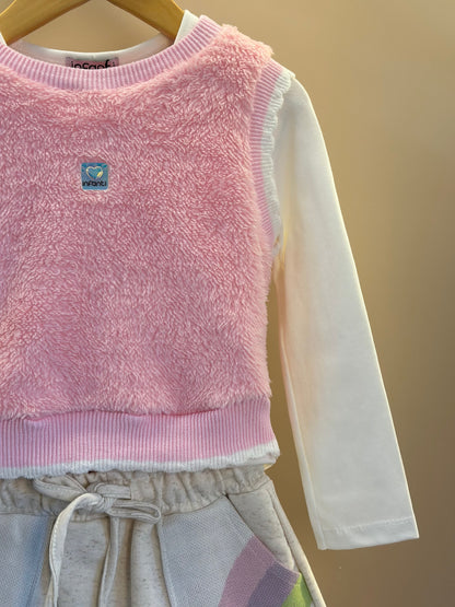 Conjunto Trio Blusa ML Off White, Colete Rosa e Saia Bege - Infanti
