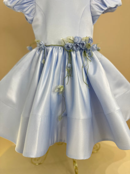 Vestido Infantil Festa Laço Costas e Flores Azul - Mio Bebê