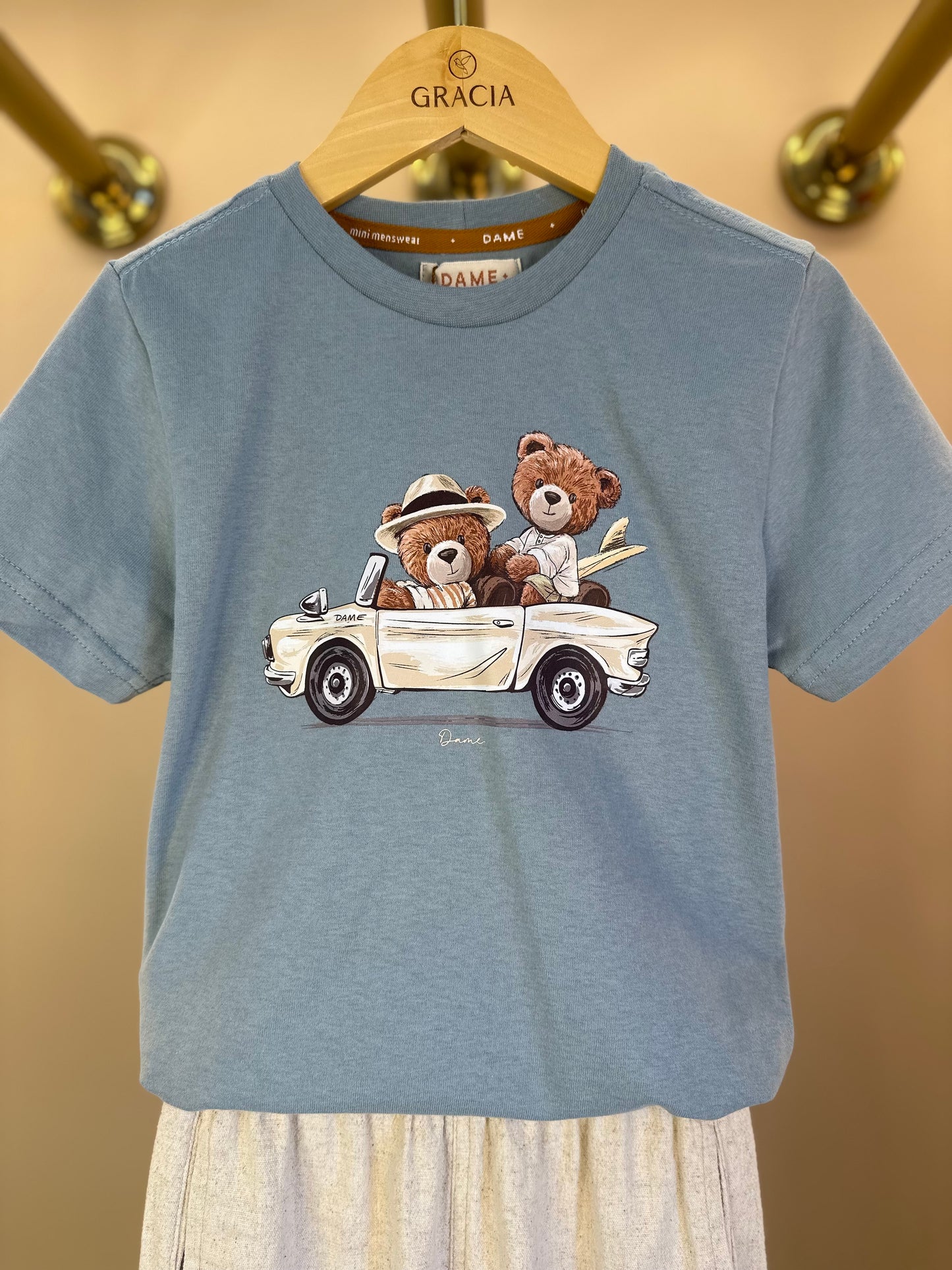 Conjunto Infantil Camiseta Algodão Teddy Conversível Malibu e Bermuda Linho Elastano Bege - Dame