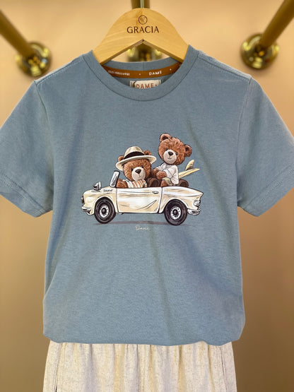 Conjunto Infantil Camiseta Algodão Teddy Conversível Malibu e Bermuda Linho Elastano Bege - Dame