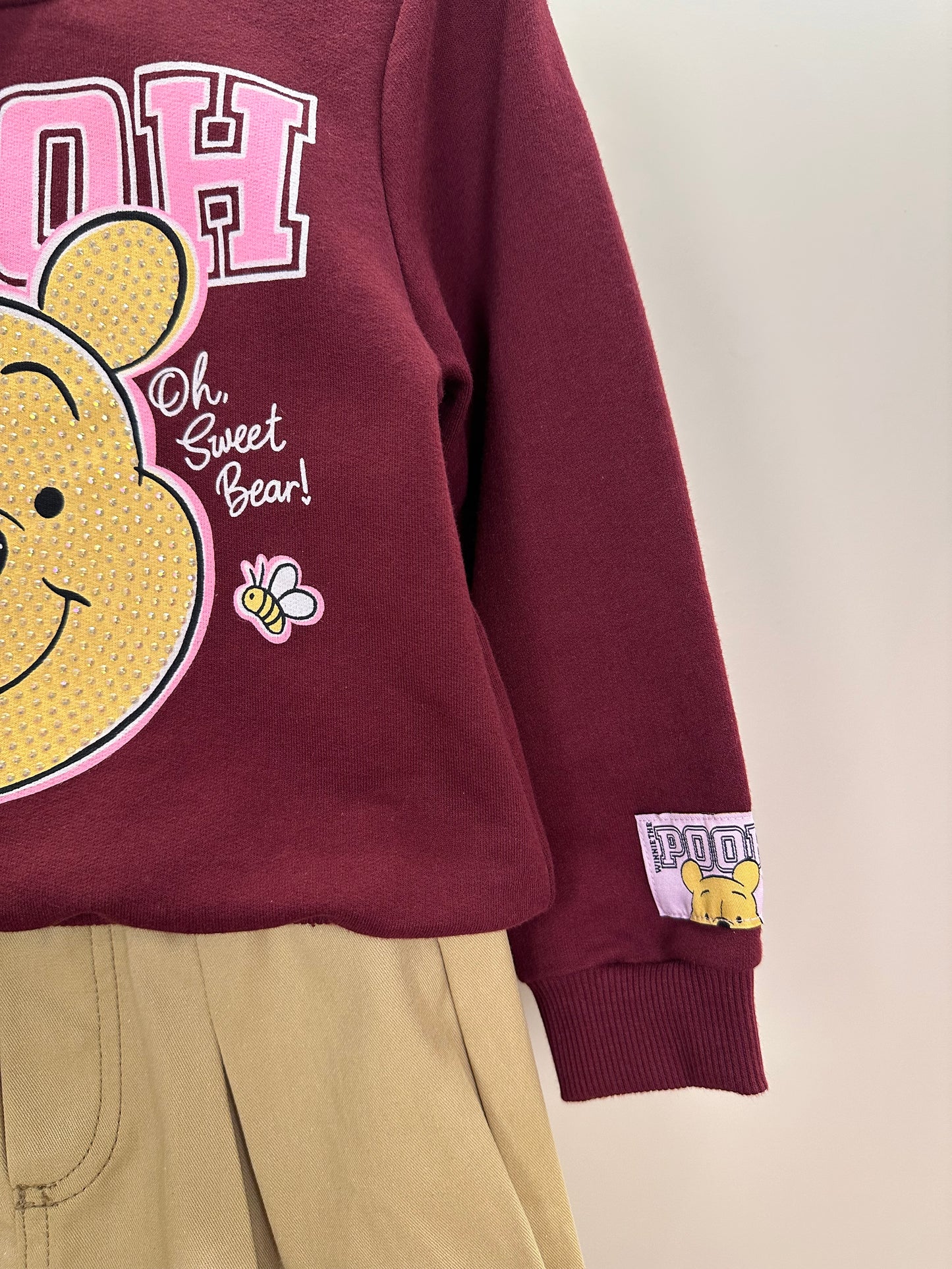 Conjunto Infantil Feminino Casaco Moletom Pooh Cranberry Juice com Saia Sarja de Pregas Bege Escuro Casual - Momi