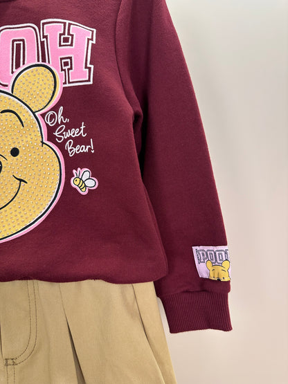 Conjunto Infantil Feminino Casaco Moletom Pooh Cranberry Juice com Saia Sarja de Pregas Bege Escuro Casual - Momi