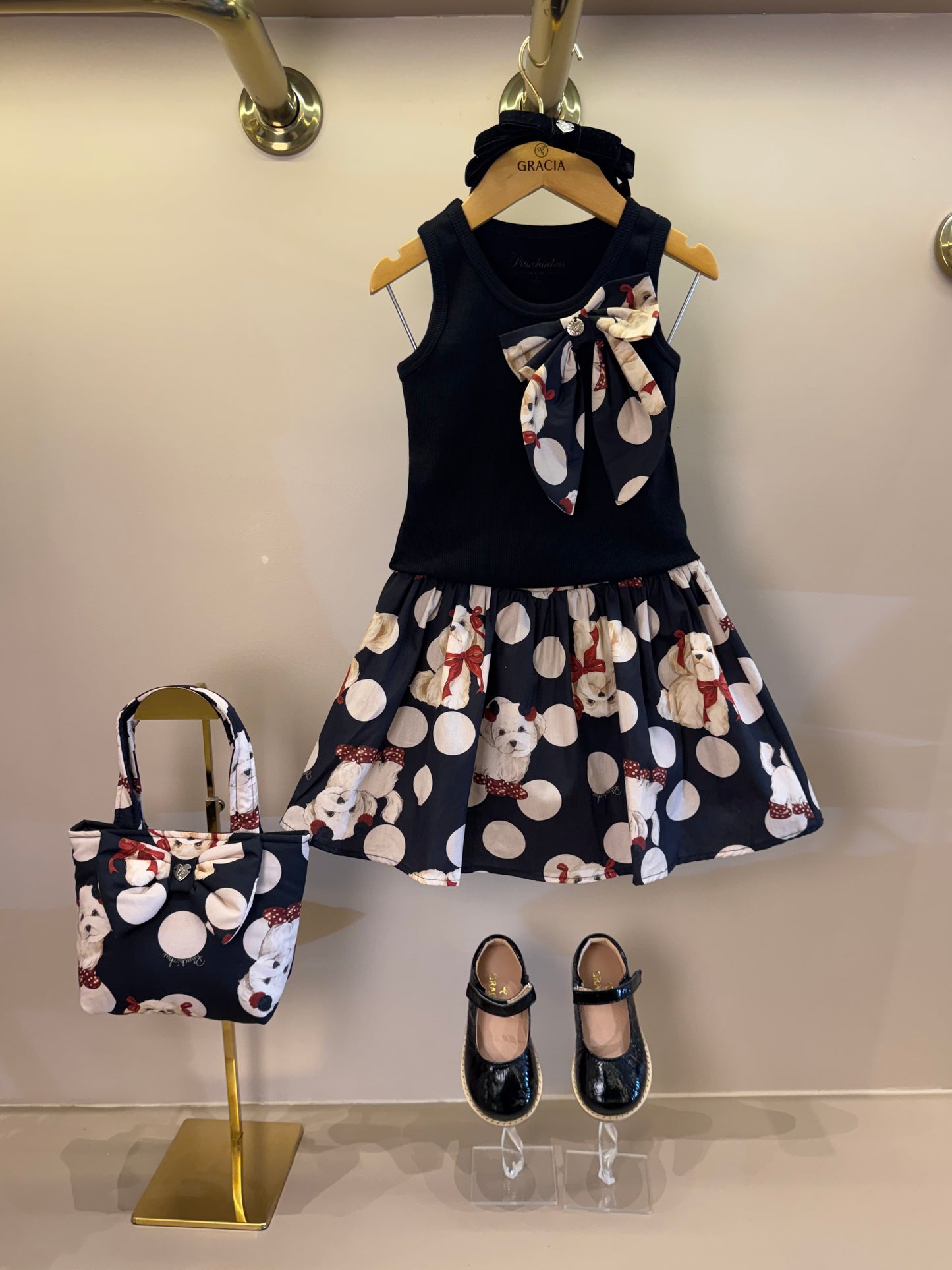 Conjunto Infantil Regata Maxi Laço e Saia e Algodão Cachorrinhos & Lacinhos Preto - Pituchinhus