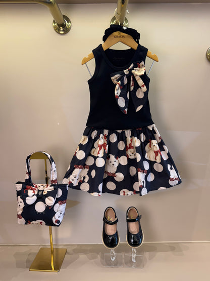 Conjunto Infantil Regata Maxi Laço e Saia e Algodão Cachorrinhos & Lacinhos Preto - Pituchinhus