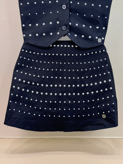Conjunto Teen Blusa Canelada com Colete de Sarja Preto e Saia-Shorts Teen Sarja Strass Preto - Two In