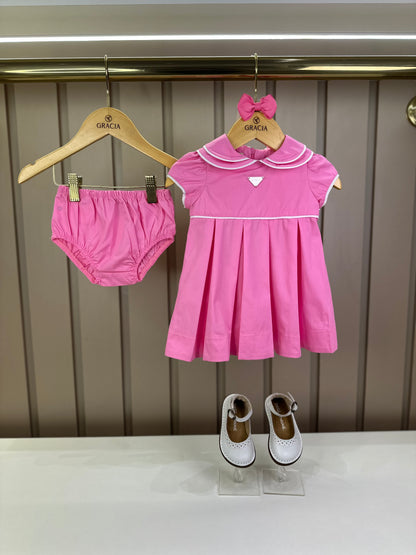 Vestido Bebê Algodão Com Calcinha E Gola Pregas Tricoline Pink - Um Mais Um